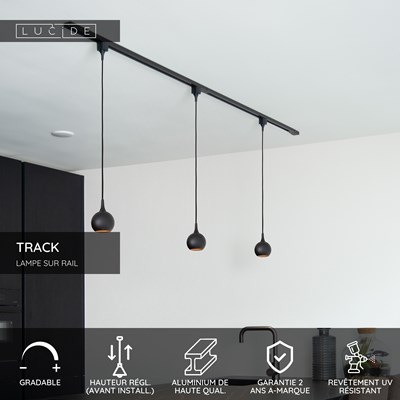 Lucide TRACK FAVORI Suspension - Système de rail monophasé / Éclairage sur rail - 1xGU10 - Noir (Extension)